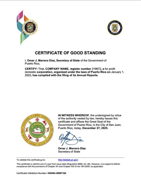 Puerto Rico certificate of good standing Word and PDF template